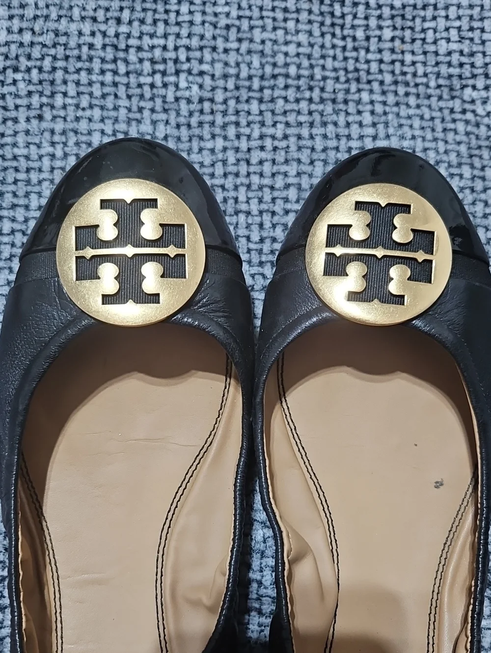 Tory Burch Black Leather Reva Ballet Flats with Gold Logo